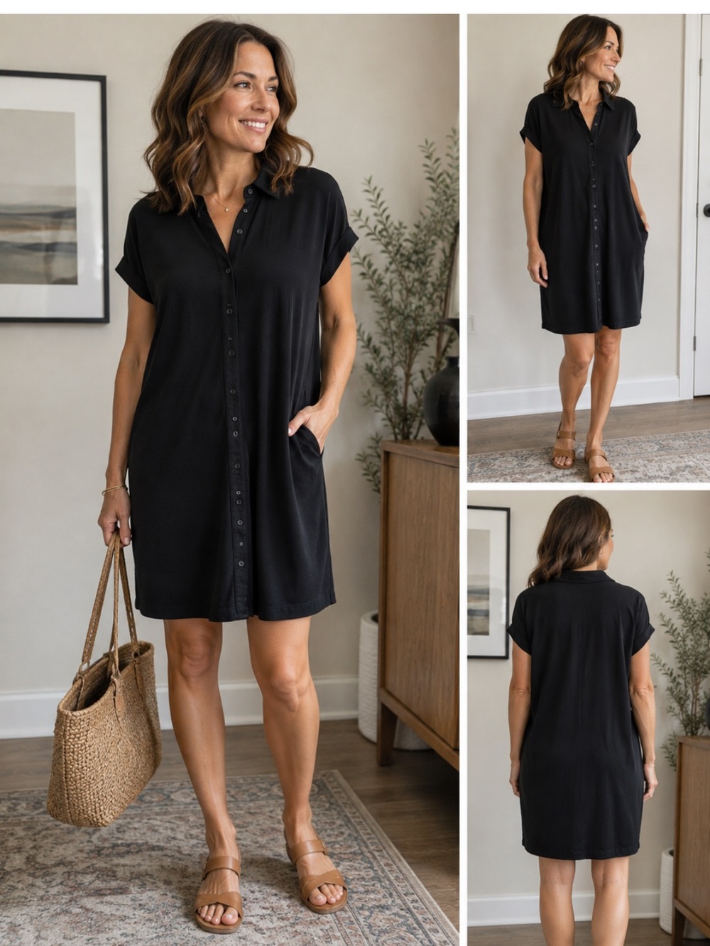 Eileen Fisher Black Viscose Jersey Button Front Shirt Dress Medium